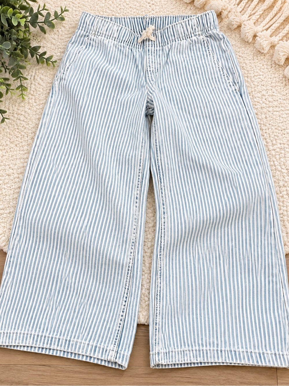 Cat & Jack Light Blue & White Striped Wide-Leg Jeans
